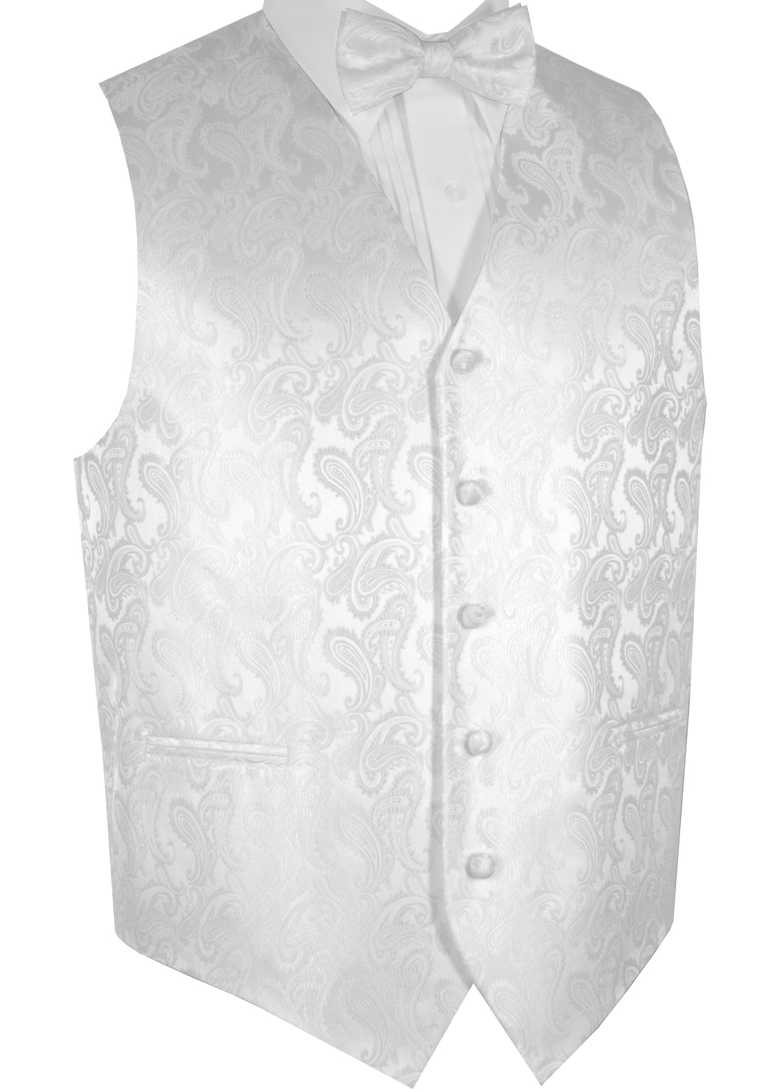 White Paisley Tuxedo Vest Set with Bow-Tie & Pocket Square