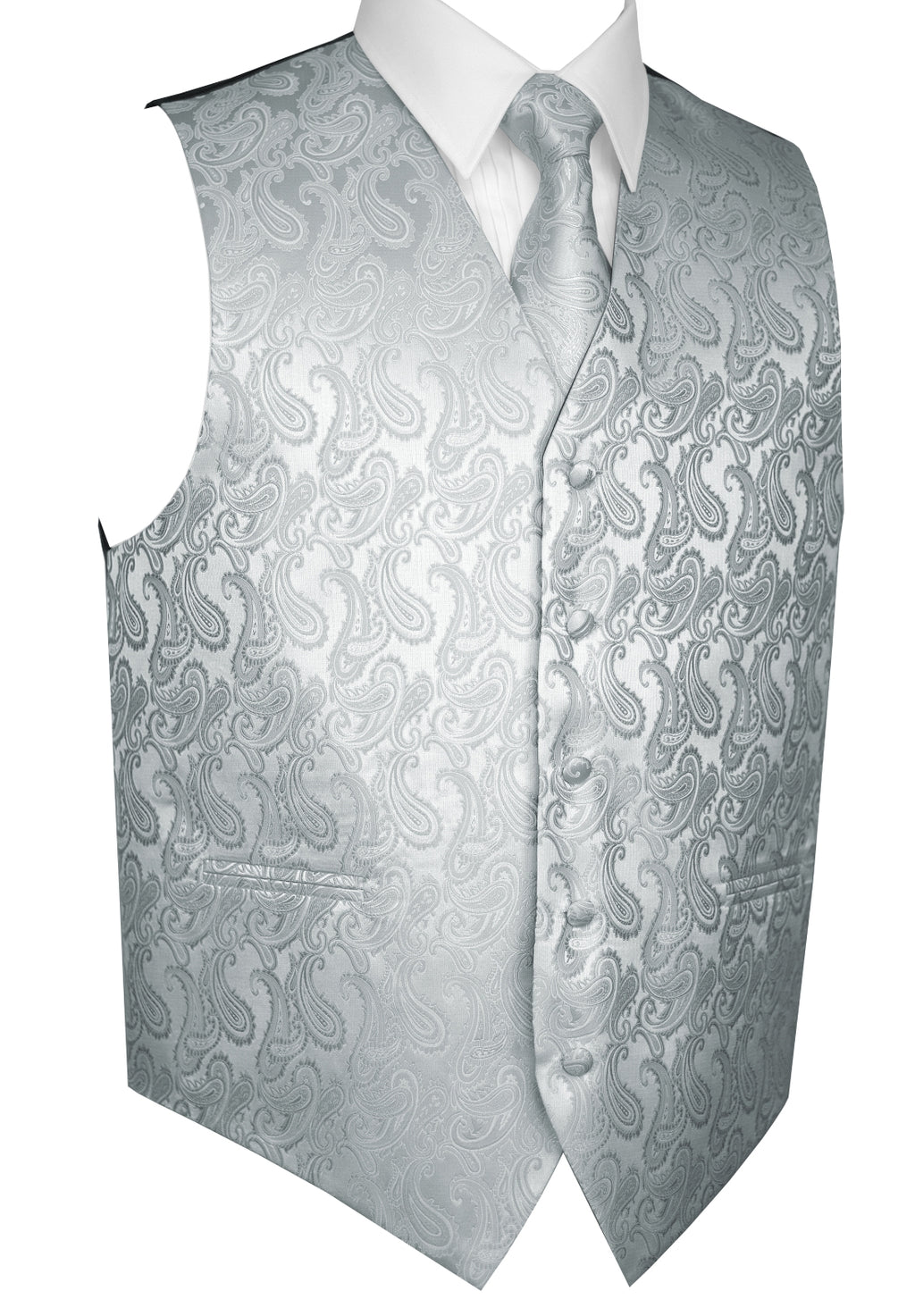 Silver Paisley Tuxedo Vest Set with Tie & Pocket Square