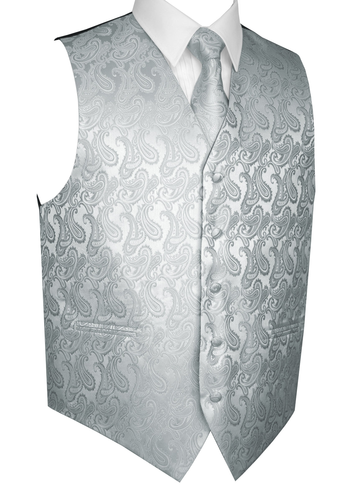 Silver Paisley Tuxedo Vest Set with Tie & Pocket Square
