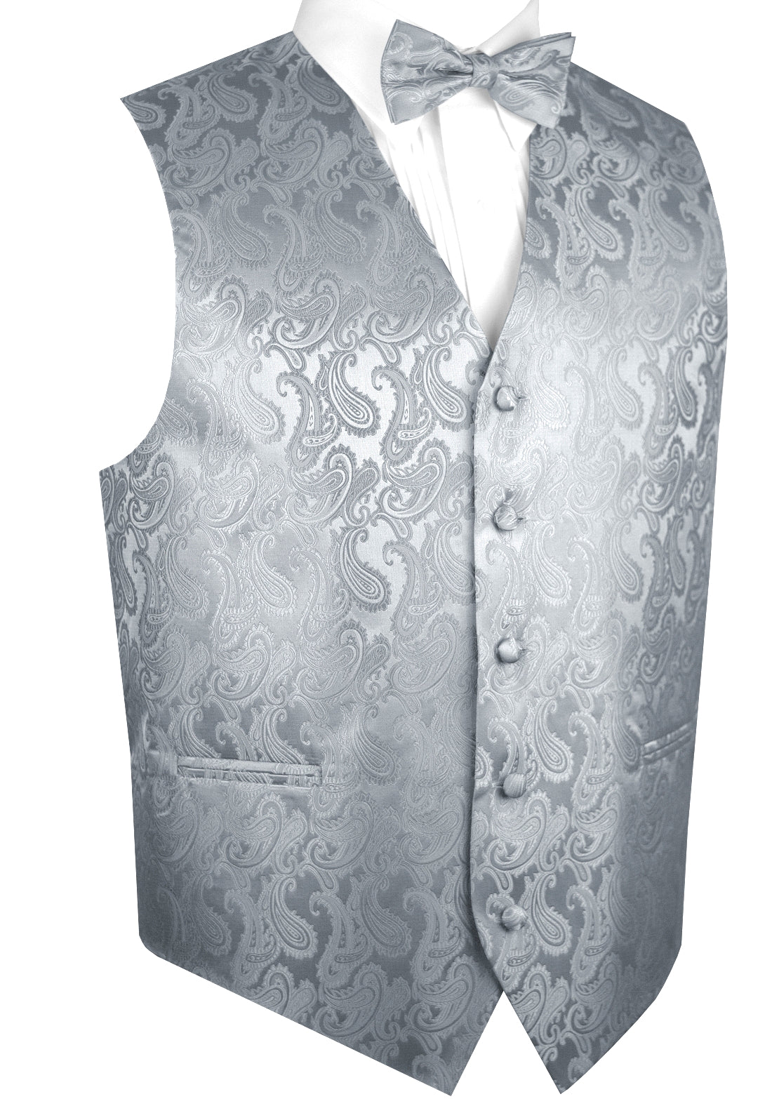 Silver Paisley Tuxedo Vest Set with Bow-Tie & Pocket Square