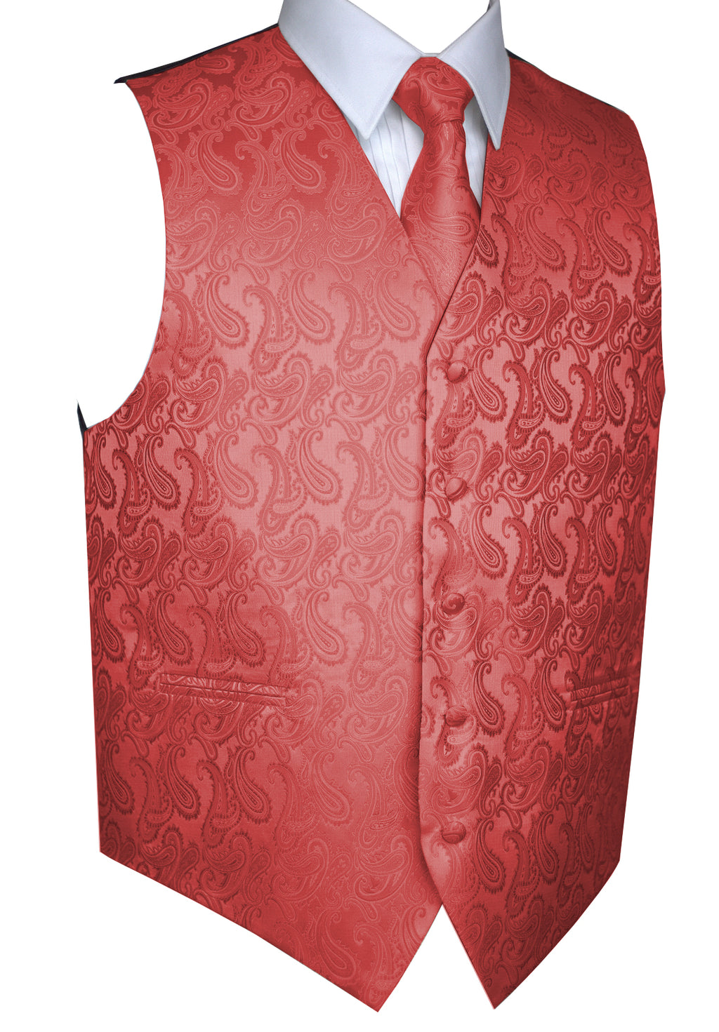 Coral Paisley Tuxedo Vest Set with Tie & Pocket Square
