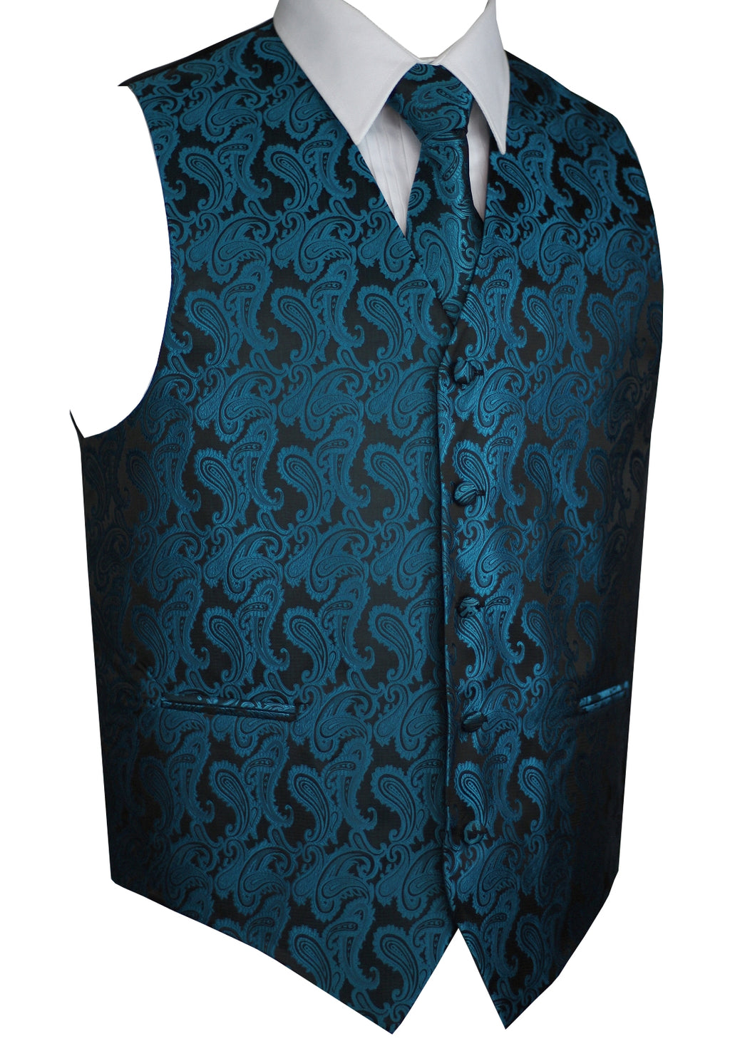 Dark Teal Paisley Tuxedo Vest Set with Tie & Pocket Square