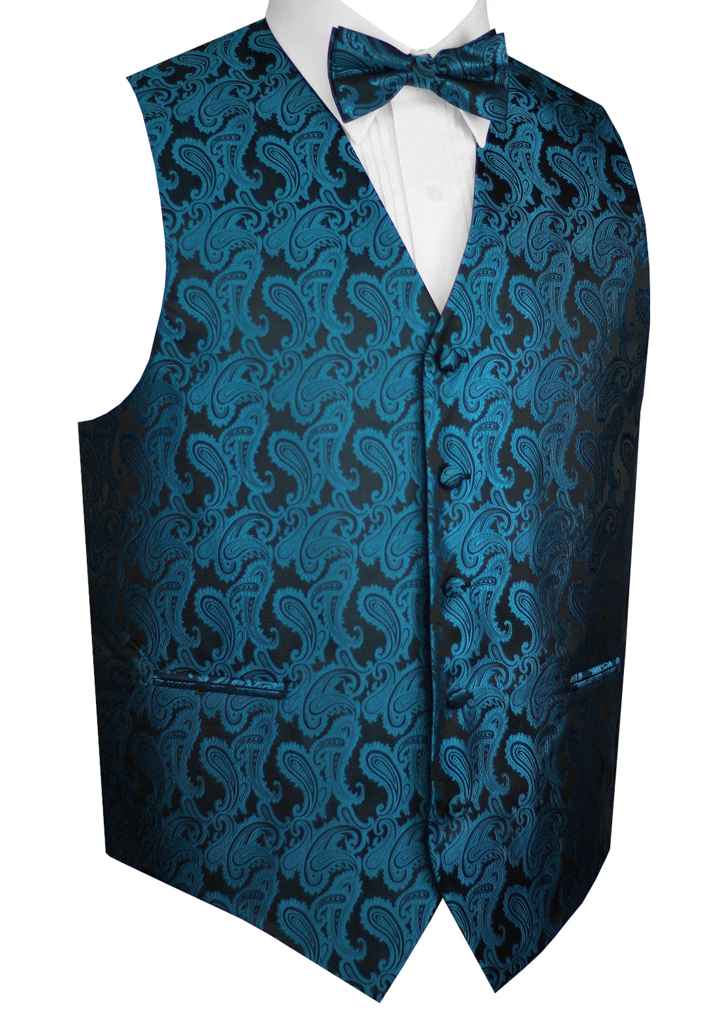 Dark Teal Paisley Tuxedo Vest Set with Bow-Tie & Pocket Square