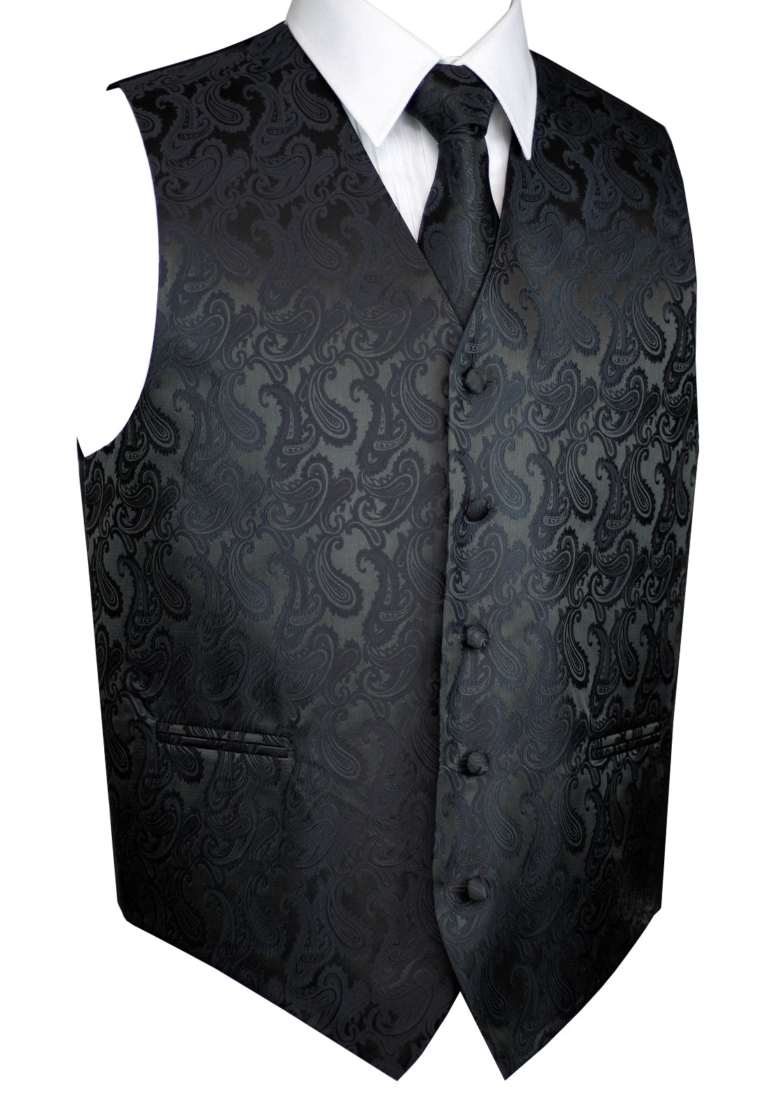 Charcoal  Paisley Tuxedo Vest Set with Tie & Pocket Square