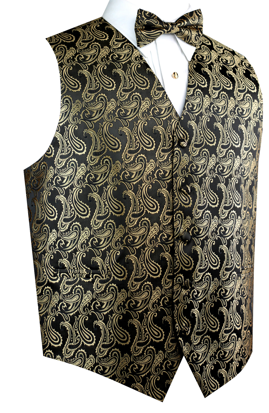 Gold Black Paisley Tuxedo Vest Set with Bow-Tie & Pocket Square
