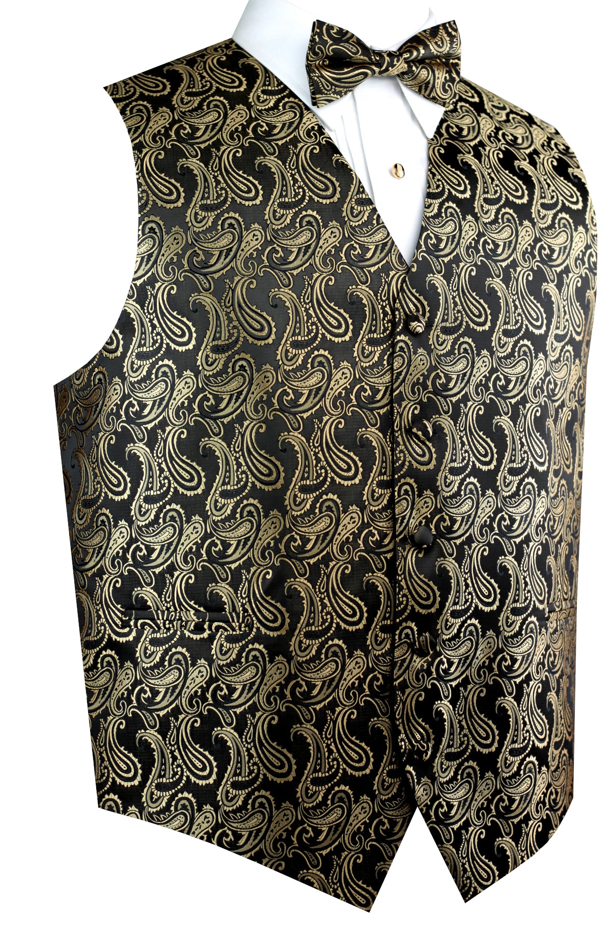 Gold Black Paisley Tuxedo Vest Set with Bow-Tie & Pocket Square