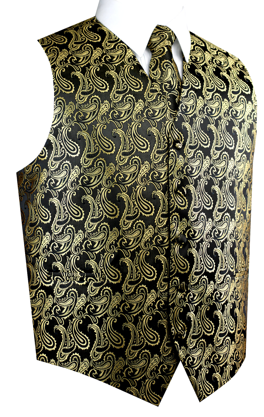 Gold Black Paisley Tuxedo Vest Set with Tie & Pocket Square