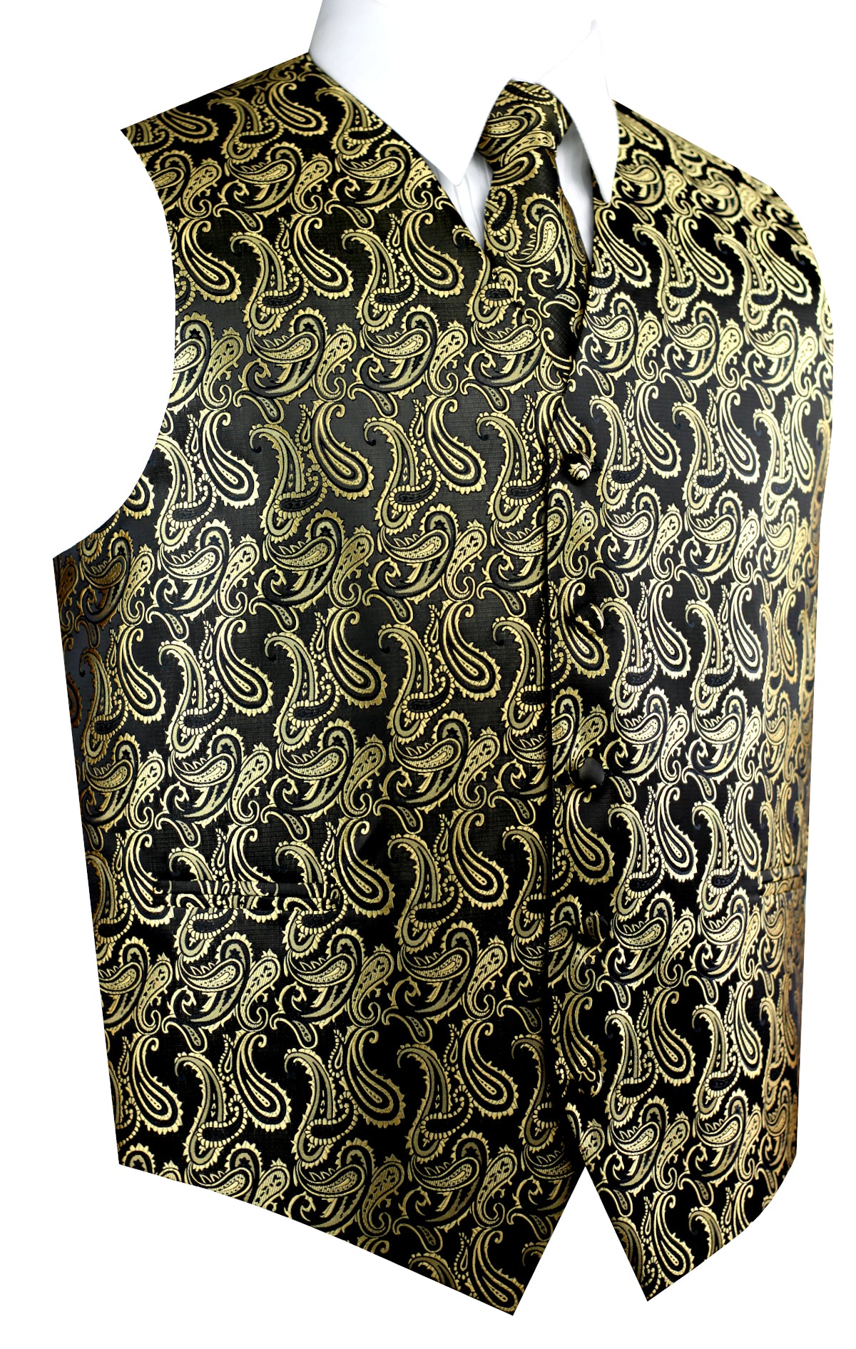Gold Black Paisley Tuxedo Vest Set with Tie & Pocket Square