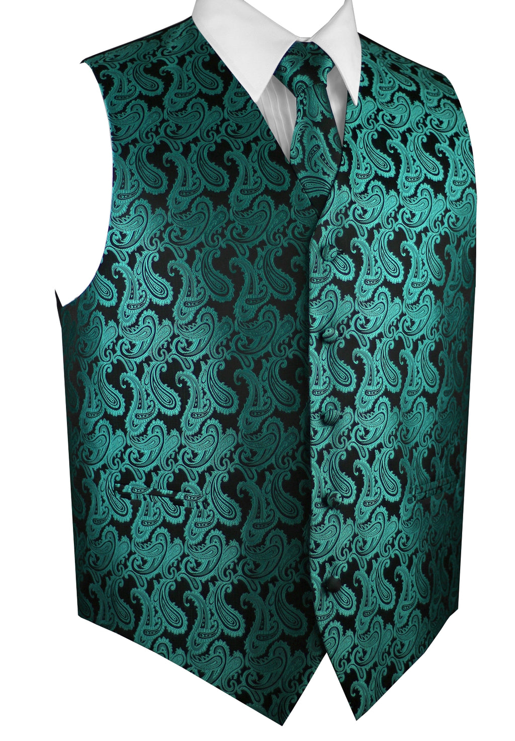 Teal Paisley Tuxedo Vest Set with Tie & Pocket Square