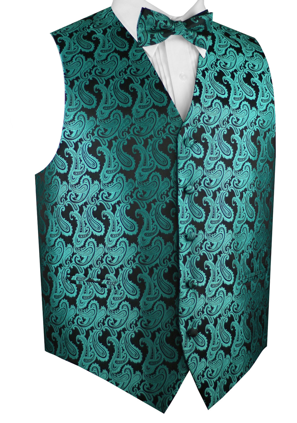Teal Paisley Tuxedo Vest Set with Bow-Tie & Pocket Square